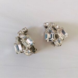 Elegant Faux Rhinestone Earrings- Clip-On Style- Silver and Clear- Multistone